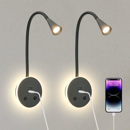 Book Lights for Reading at Night, LED Wall Mounted Reading Light, Flexible Gooseneck Wall Lamps for Bedroom, Plug in Wall Lights with USB Charging, Bedside Wall Sconces Focused Bed Lamp (Black)
