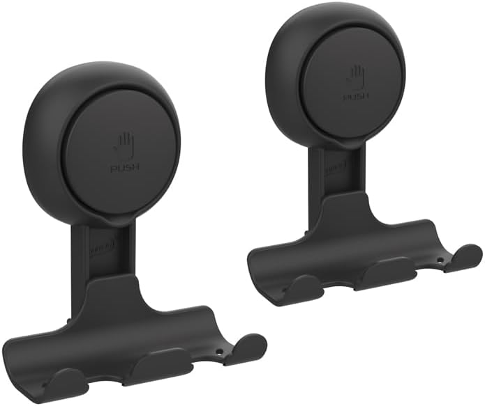Razor Holder for Shower 2 Pack, Powerful Vacuum Suction Cup Hook for Towel, Loofah, Razor, Squeegee, Damage-Free Wall Shower Hook, Shaver Holder for Bathroom, Easy to Install and Reuse, Black