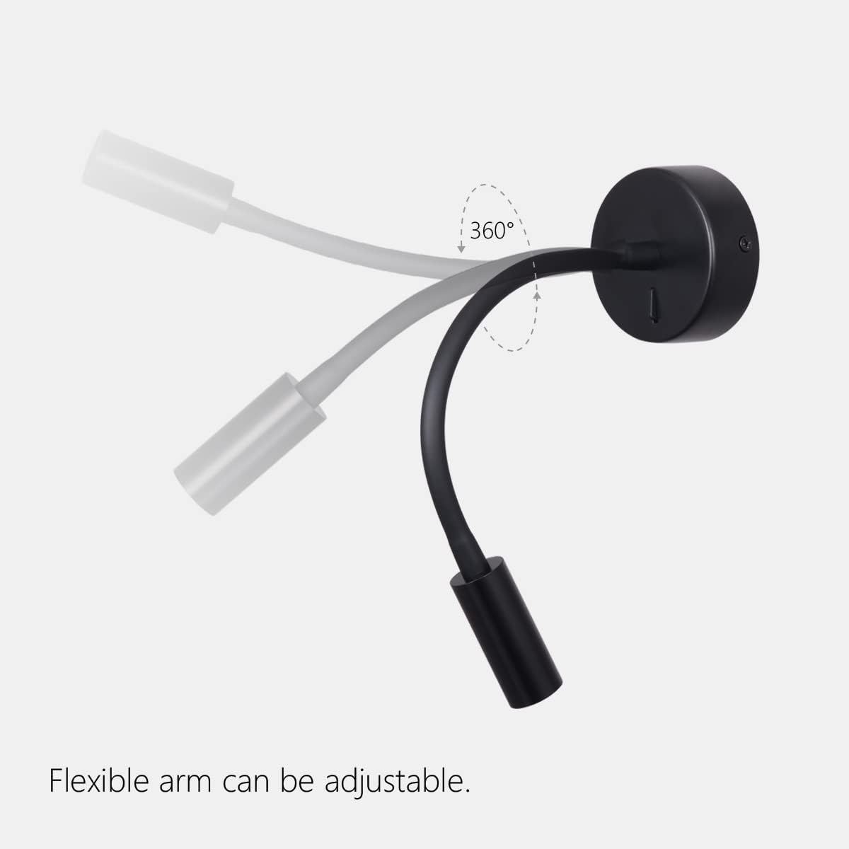 Wall Mounted Reading Lamp LED 3W Warm White 3000K Hardwired for Reading Matt Black(Black Hard-Wired 2PCS)