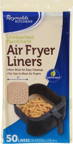Reynolds Kitchens Air Fryer Liners Disposable, Unbleached Parchment Paper Sheets, 50 Count | Pre-Cut Disposable Parchment Paper Sheets, Fits Round and Square Air Fryers, Safe Up To 400F, Perforated For Better Airflow