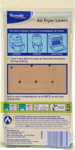 Reynolds Kitchens Air Fryer Liners Disposable, Unbleached Parchment Paper Sheets, 50 Count | Pre-Cut Disposable Parchment Paper Sheets, Fits Round and Square Air Fryers, Safe Up To 400F, Perforated For Better Airflow