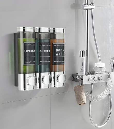 Cabo Deseado Shower Soap Dispenser Wall Mounted No Drill Shampoo Dispenser for Shower Wall Shampoo and Conditioner Dispenser Bathroom Hotel 3 * 350ml Gungray with Labels