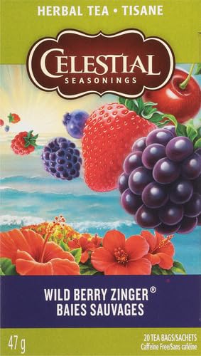 Celestial Seasonings Raspberry Zinger Herbal Tea, Caffeine Free, 20 Tea Bags Box