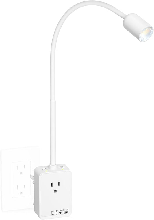 Plug in LED Book Reading Spot Light, White Dimmable Wall Sconce Lamp with Power Plug and Outlet Extender for Kitchen Bedroom Living Room, 3 Lighting Colors, USB Output Charging Ports