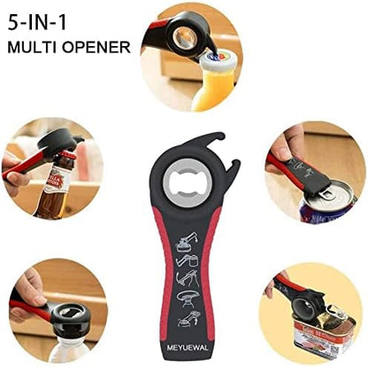Jar Opener Bottle Opener for Weak Hands, 5 in 1 Multi Function Can Opener Bottle Opener Kit with Silicone Handle Easy to Use for Children, Elderly and Arthritis Sufferers (New red)