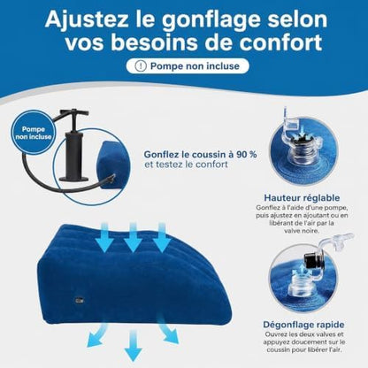 Inflatable Leg Elevation Pillow, Travel Knee Wedge for Bed and Comfort Rest | Inflatable wedge pillow for leg elevation, knee support and elevated comfort in bed or while traveling, with portable design.