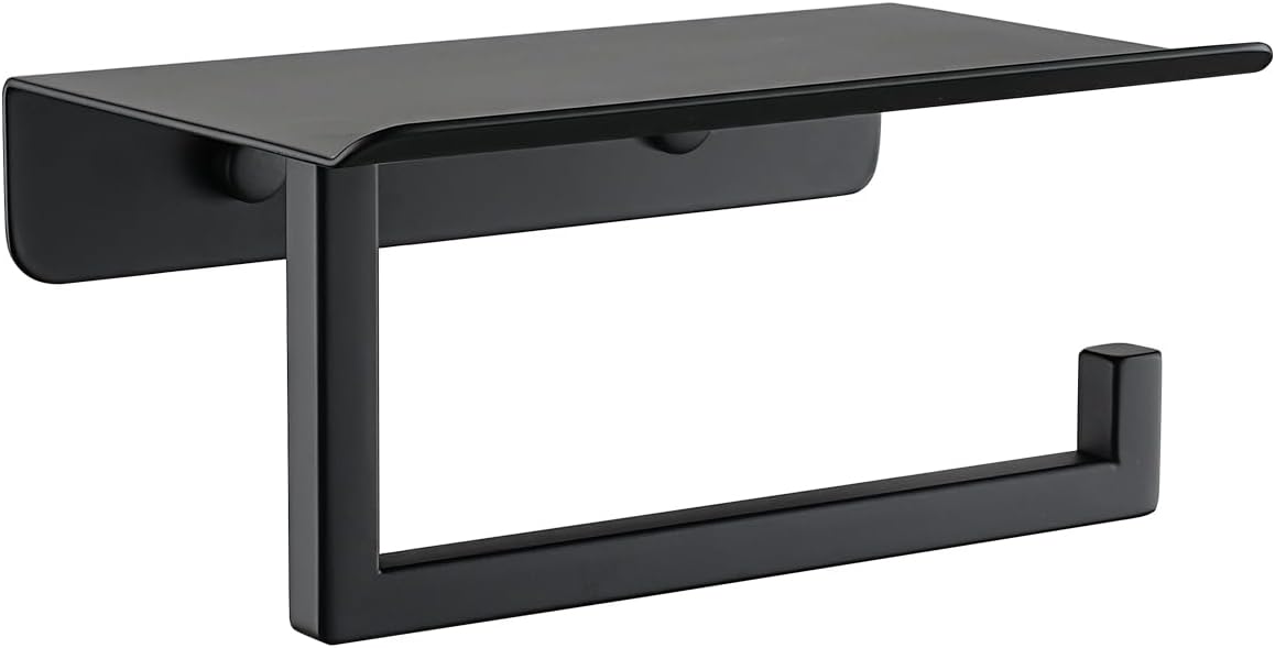 JQK Toilet Paper Holder Shelf, Bathroom Tissue Roll Holder with Phone Shelf, 5 Inch 304 Stainless Steel Tissue Paper Dispenser, Matte Black Wall Mount, TPH202-PB