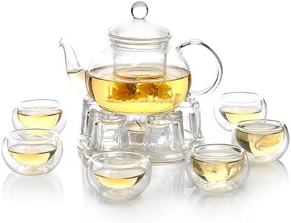 Jusalpha 11 PC-Glass Filtering Tea Maker Teapot with a Warmer and 6 Tea Cups Set (Version 2, 27-Oz) | 6 units of 1.7 oz tea cups, tea set comes with a 27 oz teapot with a removable infuser