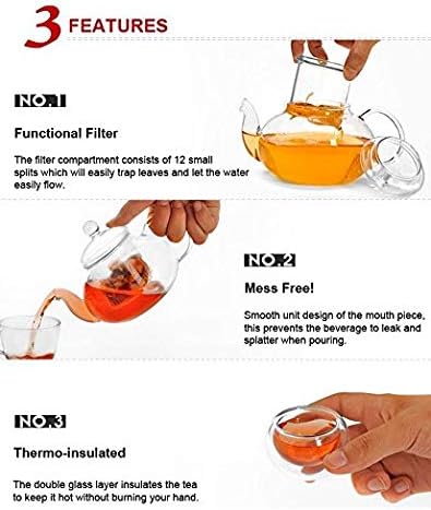 Glass Filtering Tea Maker Teapot with a Warmer and 6 Double-walled Tea Cups Set (Heating base, Standard)