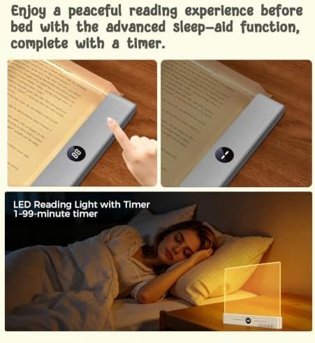 LED Book Light and Night Light, 3 Color Temperatures & Stepless Dimming | Large Eye-Caring Clear Flat, USB Rechargeable, Reading in Bed at Night for Book Lovers, Students (8.4" x 7.3")