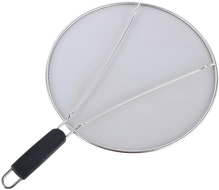 Stainless Steel Splatter Guard Fine Mesh For Pots Frying Pans(15in) | Rust-proof metal mesh blocks oil splashes while venting steam, heat-insulated grip, dishwasher safe, hangable flat storage