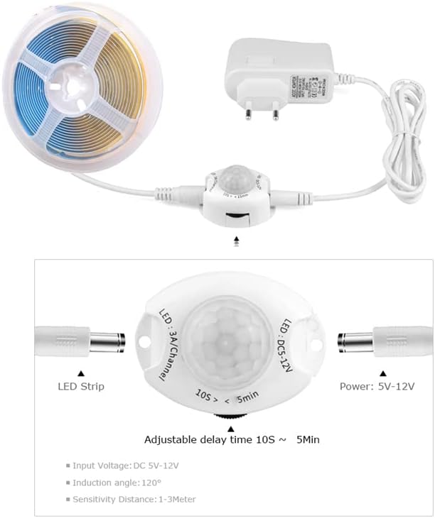 COB LED Strip PIR Set DC 12V 320Chips FOB Light Tape 3000K 4000K 6000K Lamp Band with 110V - 220V 1A 2A AC Power Adapter with PIR Sensor (1m COB Light+US 1A Power Supply+PIR Sensor, Cool White 6000K)