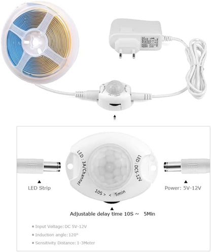 COB LED Strip PIR Set DC 12V 320Chips FOB Light Tape 3000K 4000K 6000K Lamp Band with 110V - 220V 1A 2A AC Power Adapter with PIR Sensor (1m COB Light+US 1A Power Supply+PIR Sensor, Cool White 6000K)