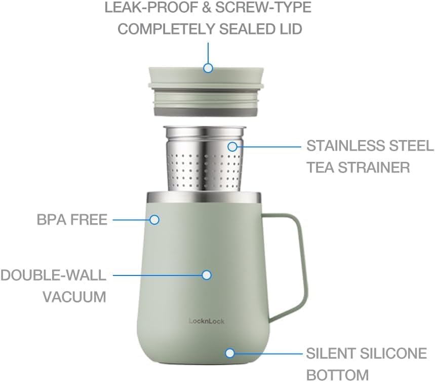 LocknLock Metro Tea Mug Mint 13oz/400ml, Tea and Coffee Mug Cups with Tea Infuser Strainer, Lid and Handle, Double Wall Stainless Steel Vacuum Insulated Travel Tumbler