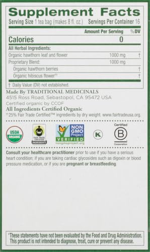 Traditional Medicinals Organic, Hibiscus Tea - Supports Normal Heart Health & Cardiovascular Wellness - Kosher, Non-GMO, Caffeine-Free, Compostable - 16 Tea Bags