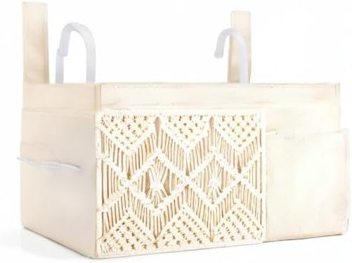 Mkono Bedside Caddy, Macrame Hanging Organizer, 4 Pockets Ivory Metal Hooks | Dorm Room Essentials, Boho Storage, Bunk Loft Bed Bedroom Nursery, Laptop Phone Remote Magazine Glasses, Fixed Straps