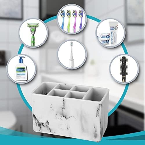 Marble Look Toothbrush Holder for Bathroom Countertop Organizer, Holds Toothpaste, Dental Floss, Razor, Comb, Makeup Brushes, and More, Stylish Bathroom Accessory for Tooth Brushing Essentials