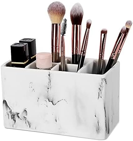 Marble Look Toothbrush Holder for Bathroom Countertop Organizer, Holds Toothpaste, Dental Floss, Razor, Comb, Makeup Brushes, and More, Stylish Bathroom Accessory for Tooth Brushing Essentials