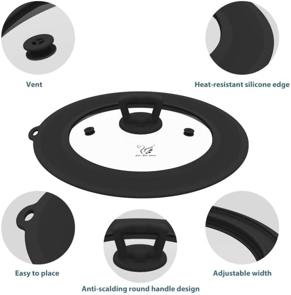 Vented Tempered Glass Universal Lid for Pot Pan Skillet with Heat Resistant Silicone Rim Microwave Splatter Lid Cover Microwave Safe Fit 11.5" 12" 12.5" Cookware, Dishwasher Safe Black