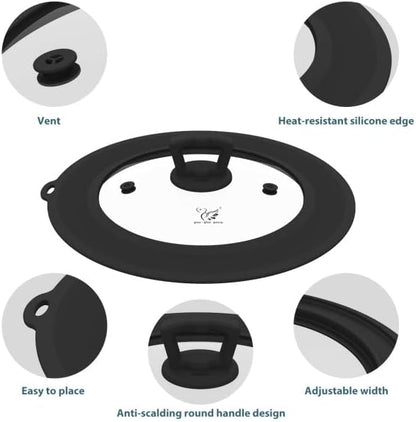 Vented Tempered Glass Universal Lid for Pot Pan Skillet with Heat Resistant Silicone Rim Microwave Splatter Lid Cover Microwave Safe Fit 11.5" 12" 12.5" Cookware, Dishwasher Safe Black