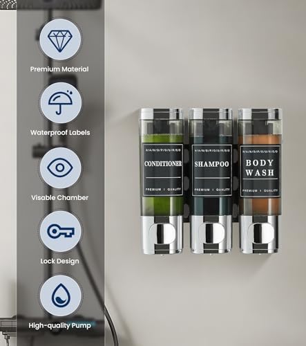 Cabo Deseado Shower Soap Dispenser Wall Mounted No Drill Shampoo Dispenser for Shower Wall Shampoo and Conditioner Dispenser Bathroom Hotel 3 * 350ml Gungray with Labels