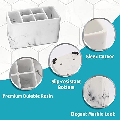 Marble Look Toothbrush Holder for Bathroom Countertop Organizer, Holds Toothpaste, Dental Floss, Razor, Comb, Makeup Brushes, and More, Stylish Bathroom Accessory for Tooth Brushing Essentials