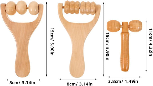 Ciieeo Wooden Massage Roller Tool 3-Piece Set Deep Tissue Massager for Legs Feet Arms Neck and Back - Portable Handheld DIY Wellness Tool for Women