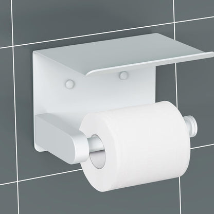 VAEHOLD Self Adhesive Toilet Paper Holder with Phone Shelf Stainless Steel Wall Mounted Toilet Paper Roll Holder - Rustproof and Bathroom Washroom Tissue Roll Holder with Shelf - Black