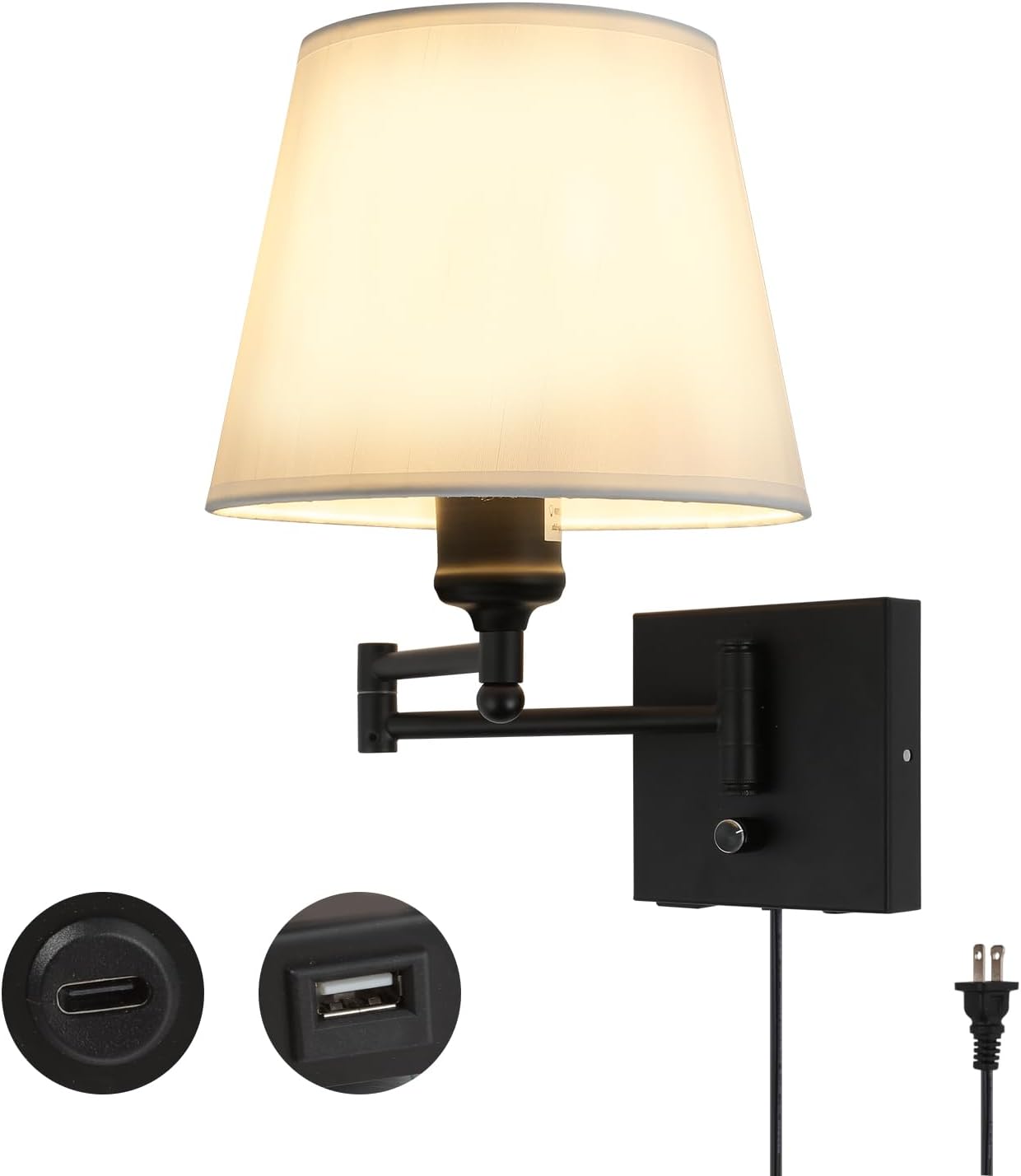 Bedside Wall Mount Light with Dimmable Switch and Outlet, Swing Arm Fabric Shade Wall Sconce Light with USB Port and Plug in Cord, Black Wall Lamp for Bedroom, Living Room and Hotel