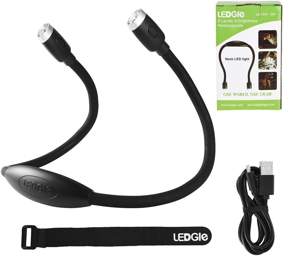 LEDGLE Neck Book Light for Reading Rechargeable,Long Arm,6 Brightness-Black