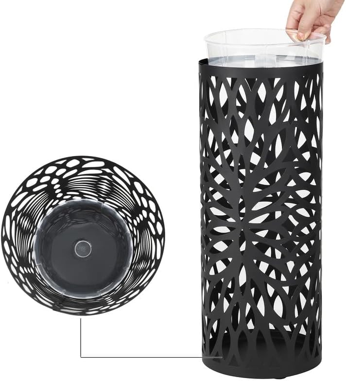 SONGMICS Umbrella Stand, Umbrella Holder for Entryway, Steel Square Umbrella Rack Organizer Freestanding, for Canes Walking Sticks, with a Detachable Drip Tray, 4 Hooks, Black ULUC026B33