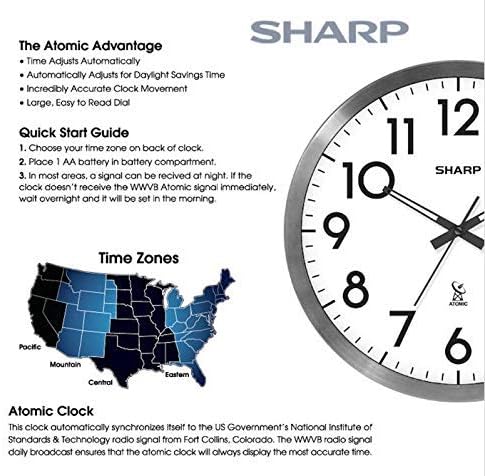 Sharp 12-Inch Atomic Wall Clock, Battery Operated, White with Black Frame | Self-setting atomic time; Easy-read analog face; Automatic time adjustment; Simple setup; Versatile home or office style