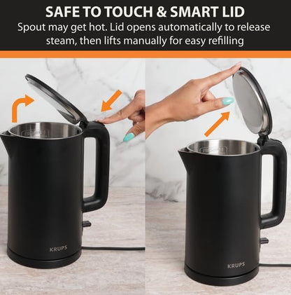 KRUPS Smart Temp Electric Kettle: 1.7L Capacity, 5 Precise Temperature Settings, Digital Display, Cool-Touch Exterior, Cordless Design for Tea and Coffee Lovers