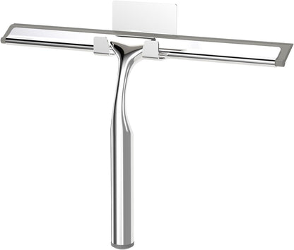 Shower Squeegee for Glass Doors, Stainless Steel Shower Squeegee for Bathroom, Window and Tiles, All-Purpose Squeegee with Adhesive Hook-10”, Chrome