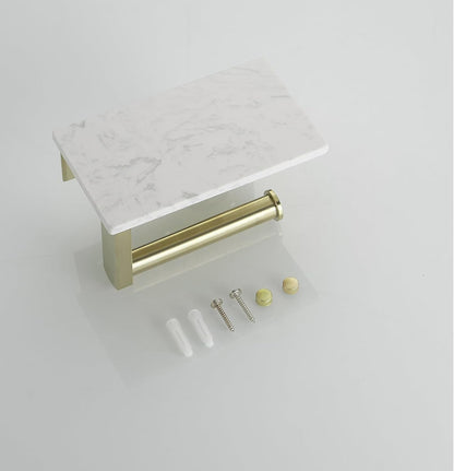 BWE Brushed Gold Toilet Paper Holder with Marble Shelf Wall Mounted | Toilet Paper Roll Holder with Phone Shelf 304 Stainless Steel Tissue Holder for Bathroom Washroom,Saving Space