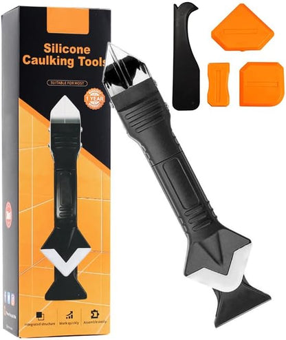 5-in-1 Caulking Tool Kit, Stainless Steel Caulk Remover & Silicone Sealant Finishing Tool with 5 Replaceable Radius Pads, Grout Removal & Scraper Tool for Bathroom, Kitchen, Tile, Window, Sink