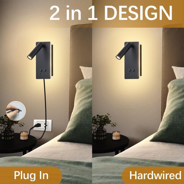 MOLUOLA LED Wall Lamp Wall Mounted Reading Lights, Adjustable Headboard Plug in Wall Sconce with USB C+A Ports, Headboard Bedside Lamp with 9W+3W Night Light 3000K (White)
