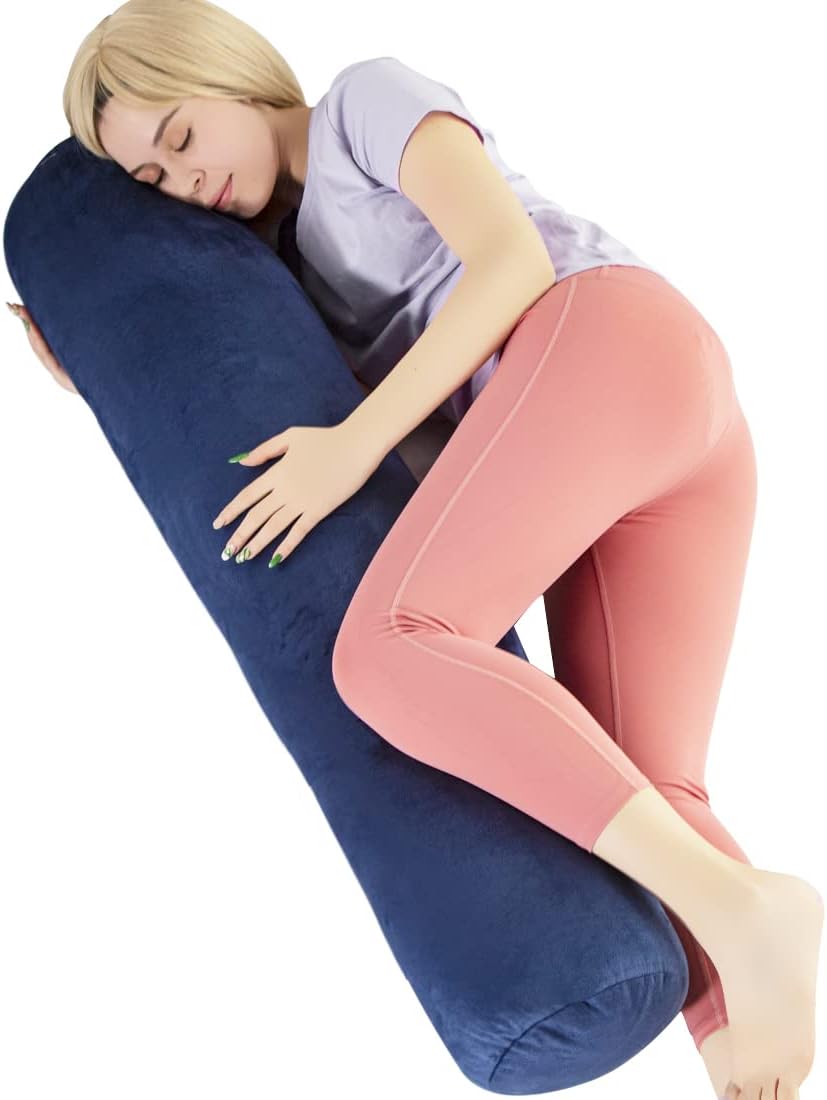 1 MIDDLE ONE Body Pillow for Adults, Bolster Pillow with Removable Velvet Cover, Long Round Cervical Roll Pillow, 35 x 7.87 Inches, Blue