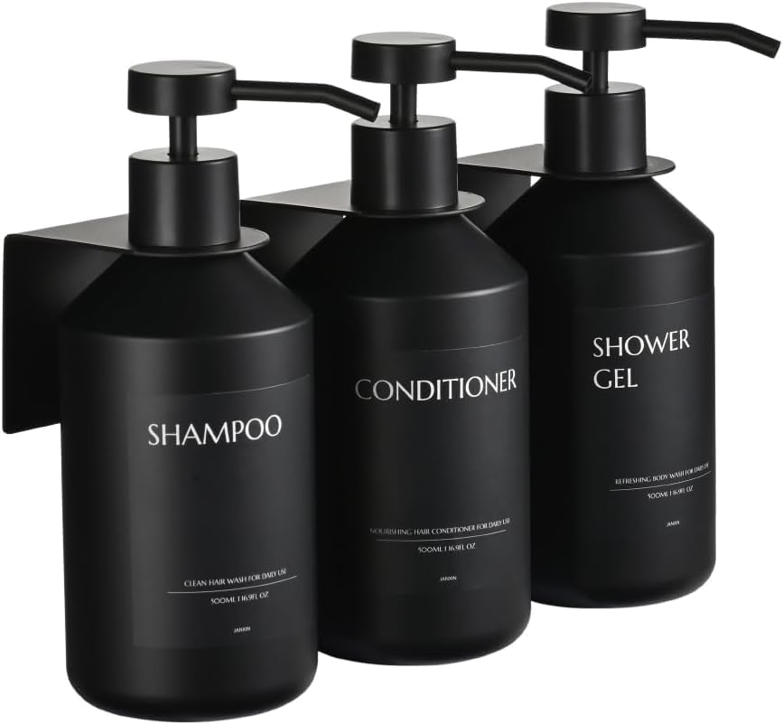 Shampoo and Conditioner Dispenser Set of 3 for Wall Mount | 16.9 fl oz Drill Free Shower Soap Bottles,Refillable Body Wash Dispensers for Bathroom Decor (Amber Bottles + Bamboo Pumps)