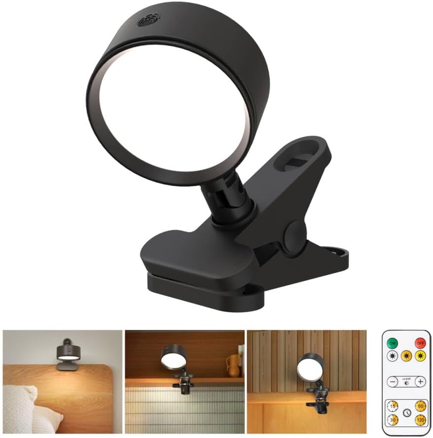 Clip on Light with 5000mAh Rechargeable Battery Operated, Eye Care Reading Light for Bed with 360° Rotation Touch & Remote, USB Clamp Light with 3 Color Modes & Dimmable for Headboard Bedside (black)
