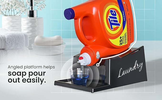 Skywin Liquid Laundry Detergent Holder Stand - 1 Pack - Black with Print | Easy Pouring, Rubber Feet, Angled Stand, Fabric Softener Dispenser for Laundry Room Organization & Storage