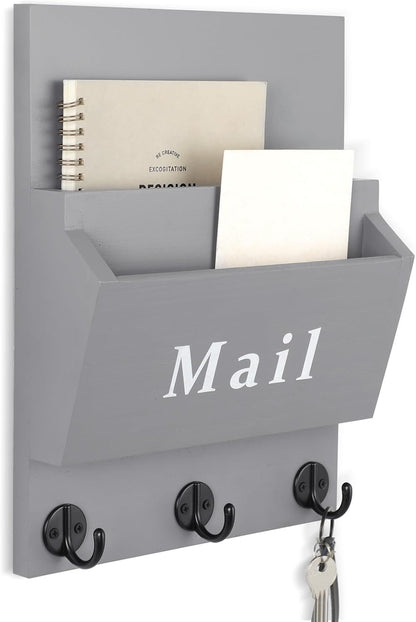 Mail and Key Holder, Wall Key Holder with 2 Mail Organizer Slot and 3 Hooks | Decorative 8.86" x 11.42" Mail Holder, Real Paulownia Wood with Keyhole Brackets, Hardware and Instructions
