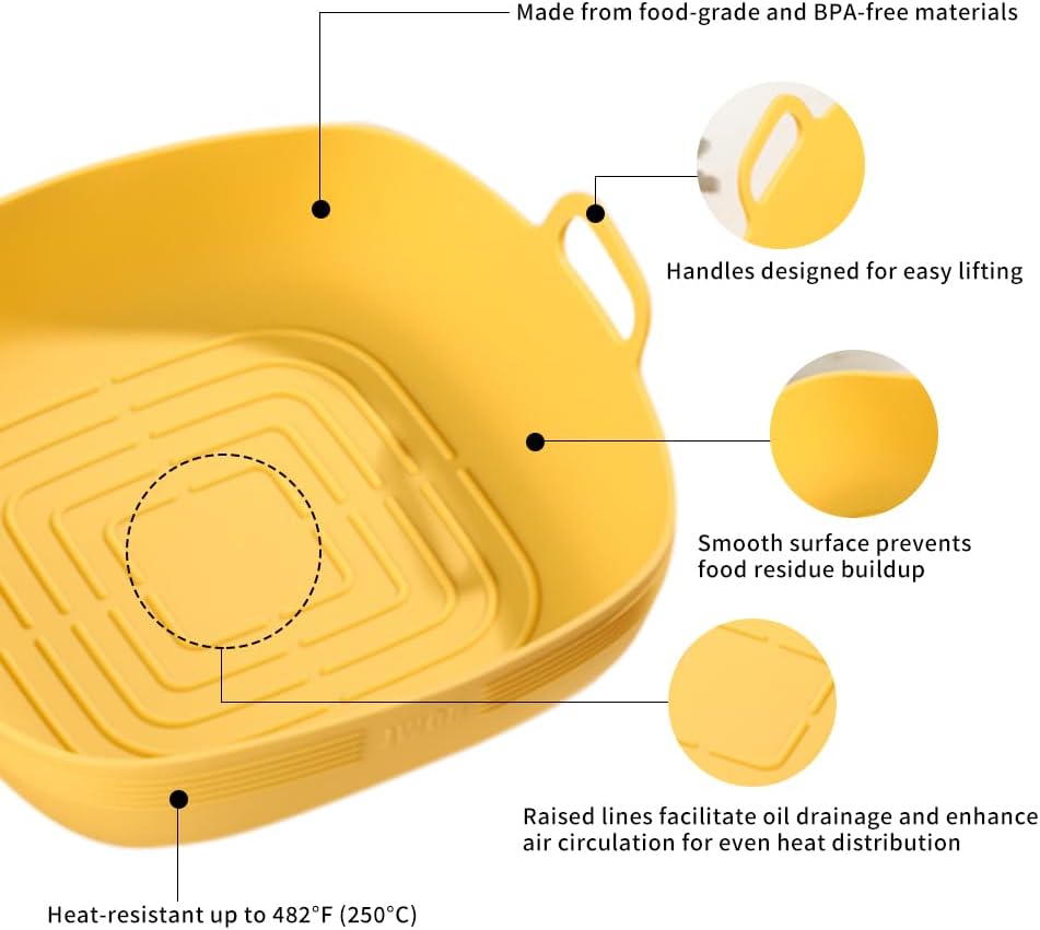 Air Fryer Silicone Liners Square 8.5 Inches 2pc Non-Stick food grade Reusable Airfryer Silicone Pot Baking Basket Bowl for 5.8 to 8 Qt Air Fryer Backing Tray Over Accessories | 8.5 Inches 2pc Reusable Airfryer Silicone Pot Baking Basket Bowl for 5.8 to 8