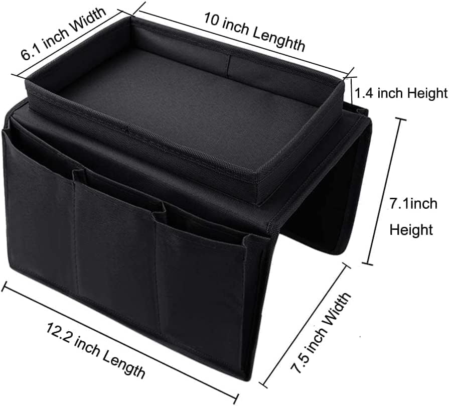 Sofa Armrest Organizer with Cup Holder No-Slip Couch Sofa Armrest Organiser Couch Remote Caddy Control Holder with 1 Large Pockets and 3 Small Pockets for TV Remotes Cellphone Magazines Drinks (Black)