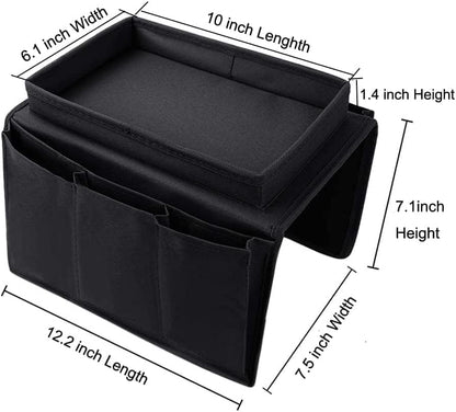 Sofa Armrest Organizer with Cup Holder No-Slip Couch Sofa Armrest Organiser Couch Remote Caddy Control Holder with 1 Large Pockets and 3 Small Pockets for TV Remotes Cellphone Magazines Drinks (Black)