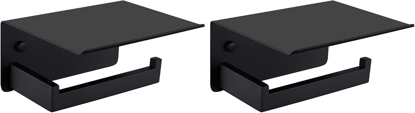 APLusee Matte Black Toilet Paper Holder with Storage Shelf, Wall Mounted | Rustproof 304 Stainless Steel, 2-in-1 Functional Toilet Paper and Phone Storage, Fits Bathroom, Restroom, Vanity, Kitchen