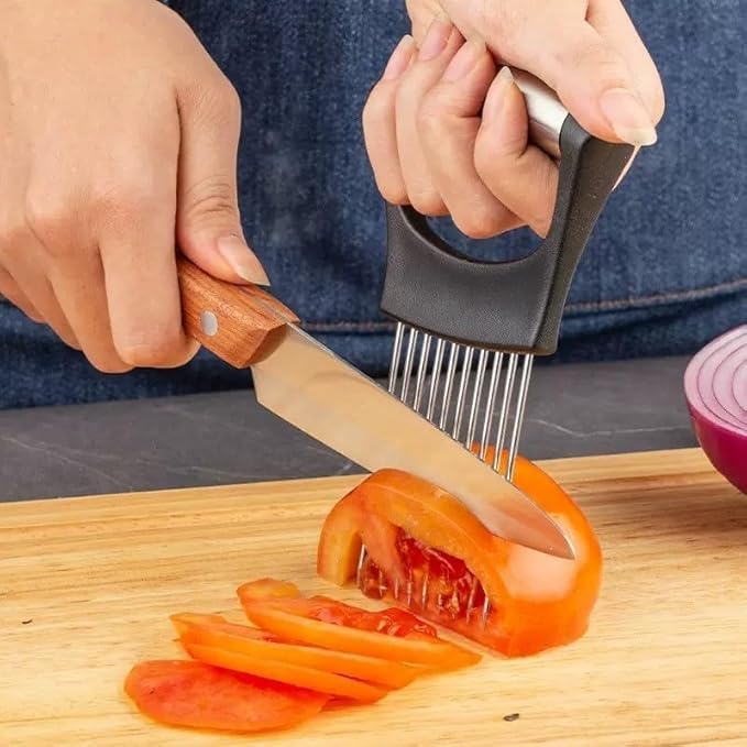 Onion Holder Slicer with Stainless Steel Blades, Vegetable Chopper for Tomato, Potato, Avocado, Lemon, Food Cutting Assistant Tool