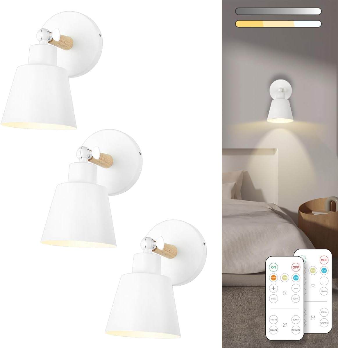Black Battery Operated Wall Sconce Set of Two, Easy to Install Wireless Lights for Wall, Remote Control Dimmable LED Lights, Auto Timer Wall Lamp Fixtures for Bedroom, Gallery, Living Room, RV