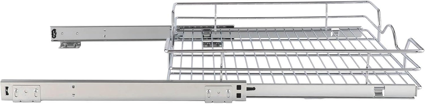 OCG Pull Out Cabinet Organizer 2 Pack (15" W x 21" D), Pull out Shelves 1 Tier, Cabinet Slide Out Shelves for Base Cabinet Organization in Kitchen Bathroom Pantry, Bottom Mount, Chrome Finish