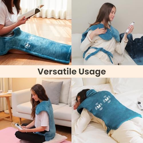 DAILYLIFE Heating Pad with Massager for Neck and Shoulders, Wearable Electric Heating Pads for Back Pain Relief, Auto-Shut Off, 6 Heat Settings, 4 Massage Modes, Large Size, UL Certified, Blue